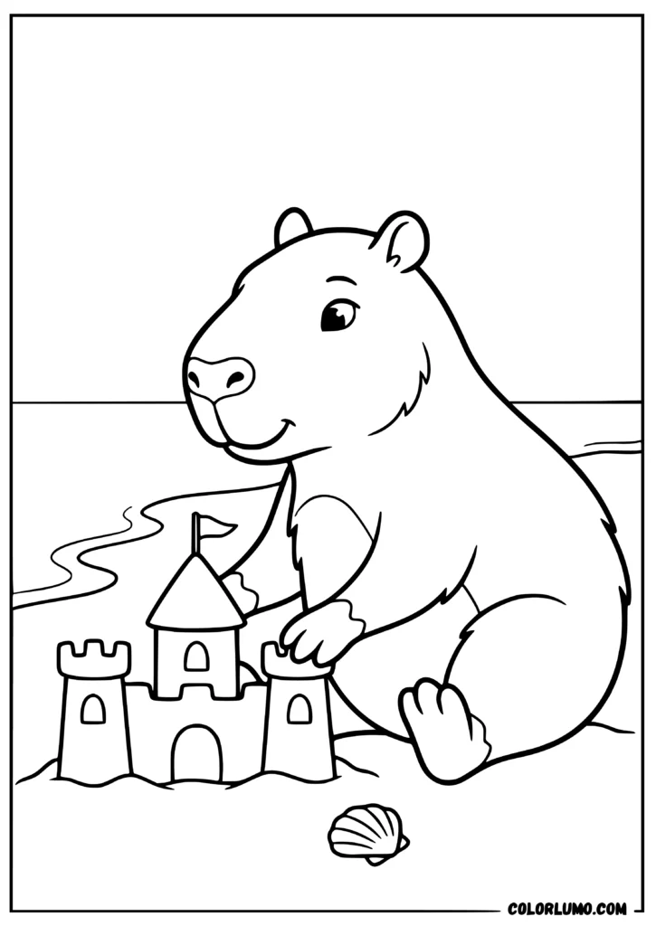 Capybara building a sandcastle coloring page on a beach with a seashell and shoreline