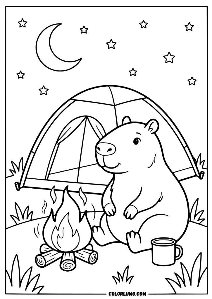 Capybara camping coloring page with a cozy tent and campfire under the night sky