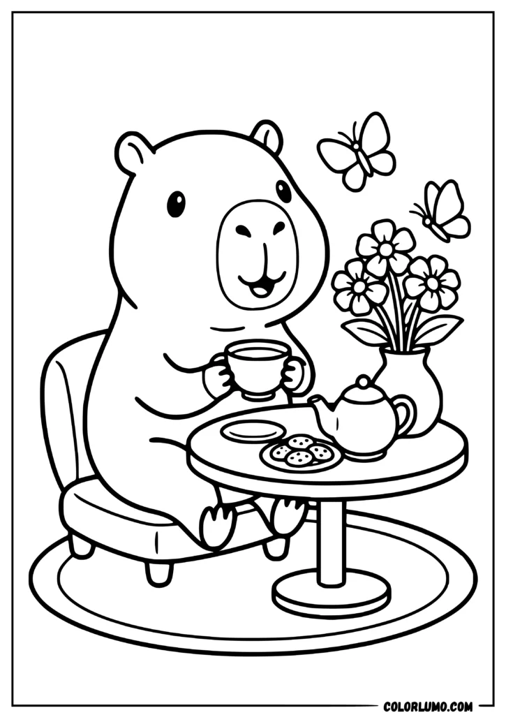 Capybara coloring page drinking tea with a teacup, teapot, cookies, flowers, and two butterflies