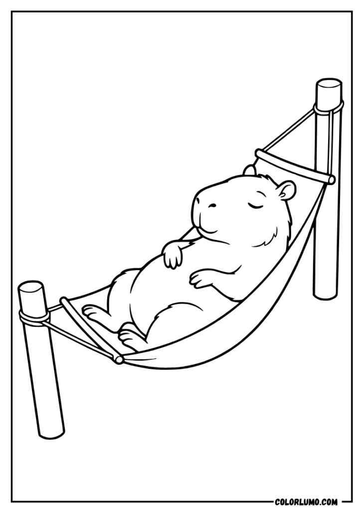 Capybara coloring pages featuring a cute capybara sleeping peacefully in a hammock