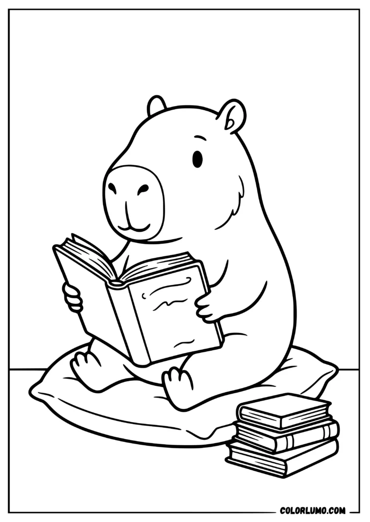 Capybara coloring pages featuring capybara reading a book on a cushion, with stacked books
