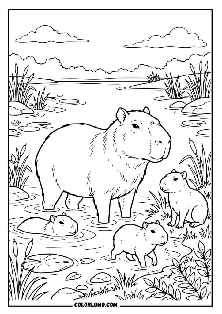 Capybara family coloring page showing an adult capybara and three pups