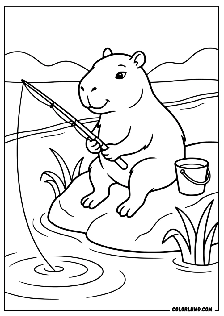 Capybara fishing from a rock coloring page with a fishing rod, bucket, and calm river