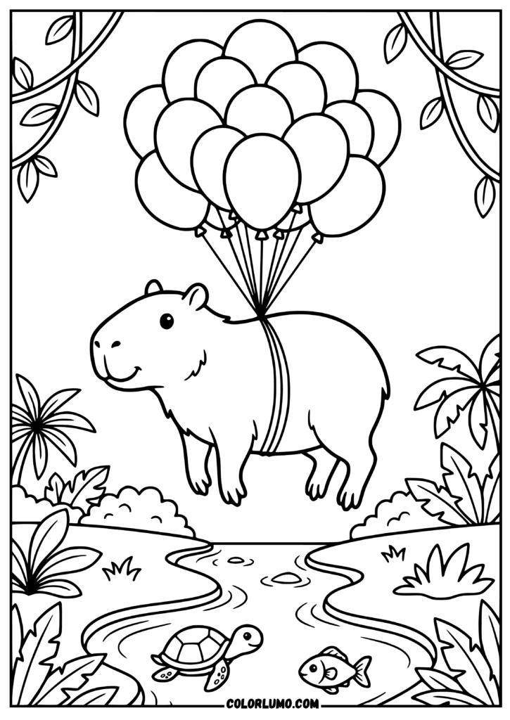 Capybara floating with balloons over a tropical stream coloring page with a turtle, fish, and tropical plants