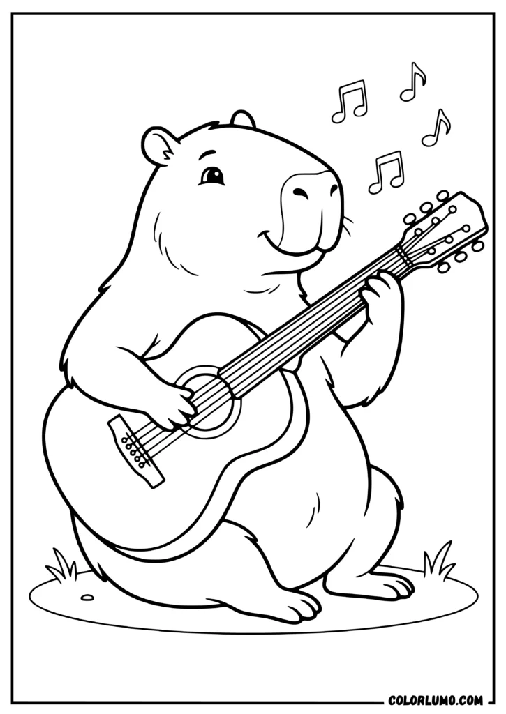 Capybara playing an acoustic guitar coloring page with a cheerful musical scene