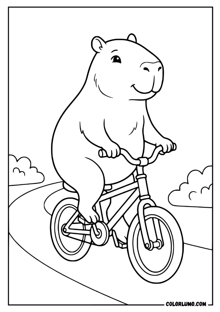 Capybara riding a bicycle coloring pages on a curved path with two bushes