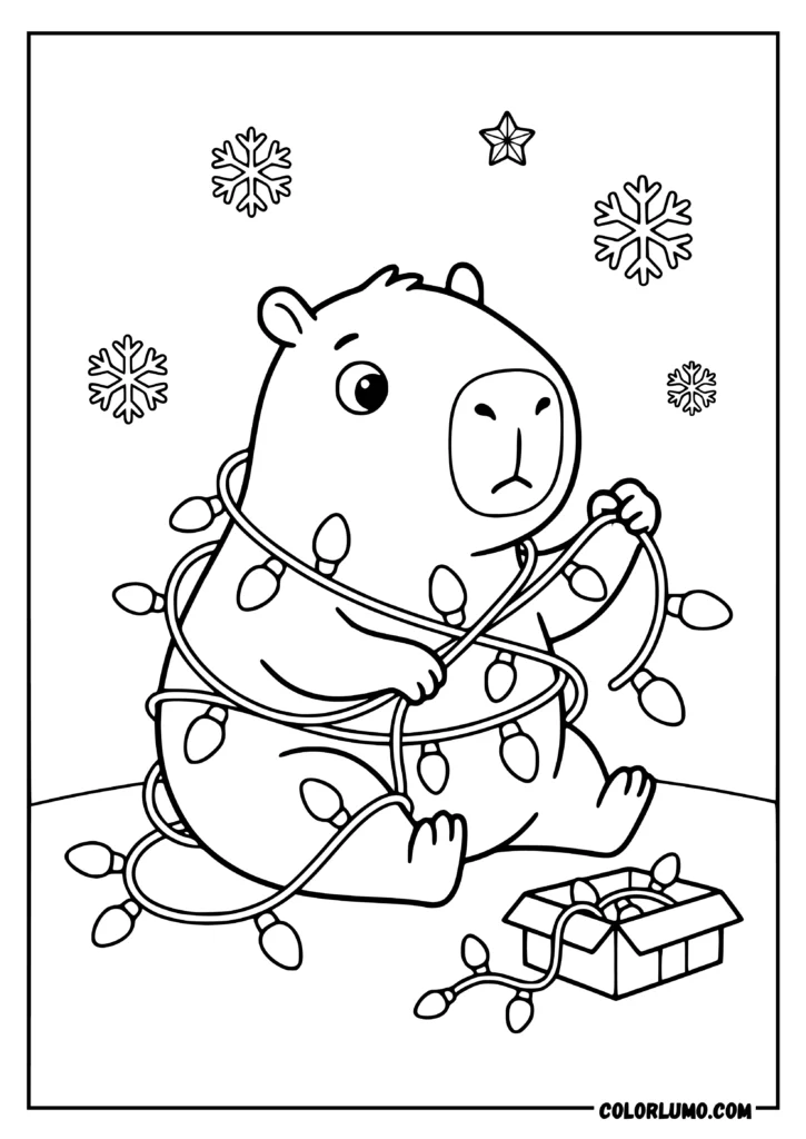 Capybara tangled in Christmas lights coloring page