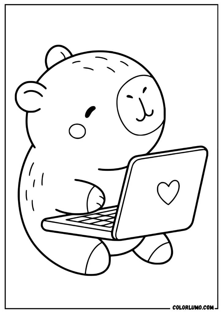 Capybara using a laptop coloring page while sitting and looking at the screen
