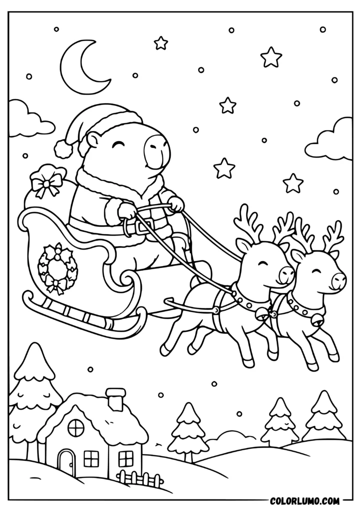 Christmas capybara coloring page featuring capybara dressed as Santa riding a sleigh with reindeer