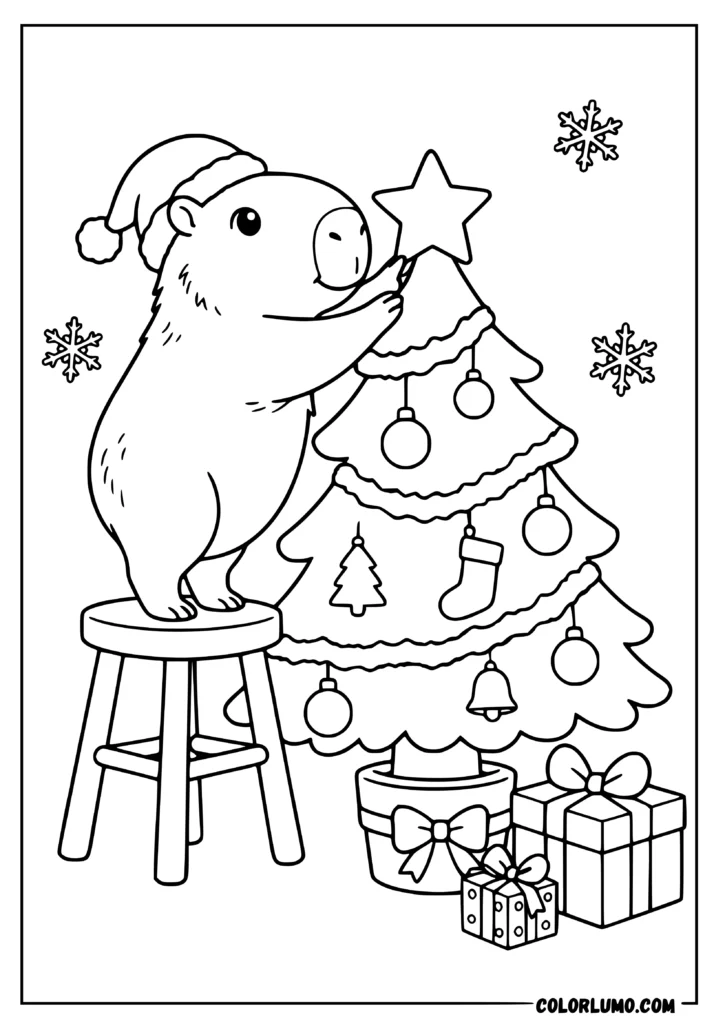 Christmas capybara coloring page featuring cute capybara decorating a christmas tree while placing a star on top