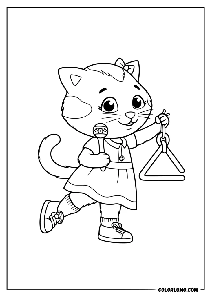 Cute Katerina Kittycat coloring page featuring holding a maraca and playing a triangle instrument