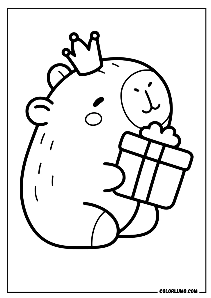 Cute baby capybara coloring page featuring a little capybara holding a gift in its hand and wearing a crown on its head