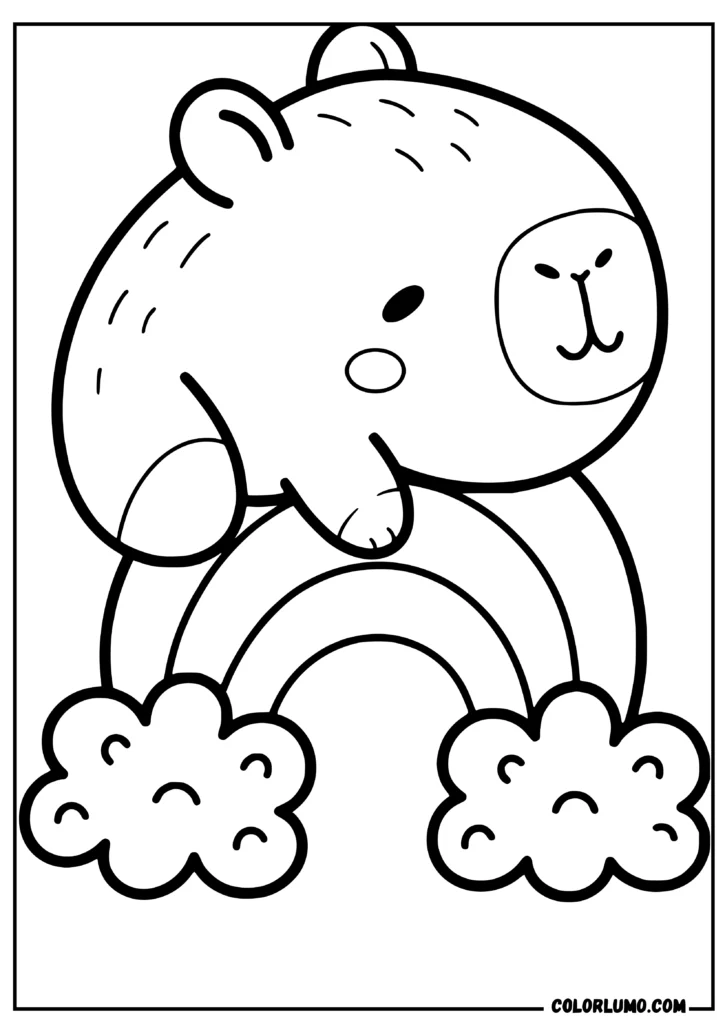 Cute baby capybara coloring page featuring a little capybara lying on a rainbow