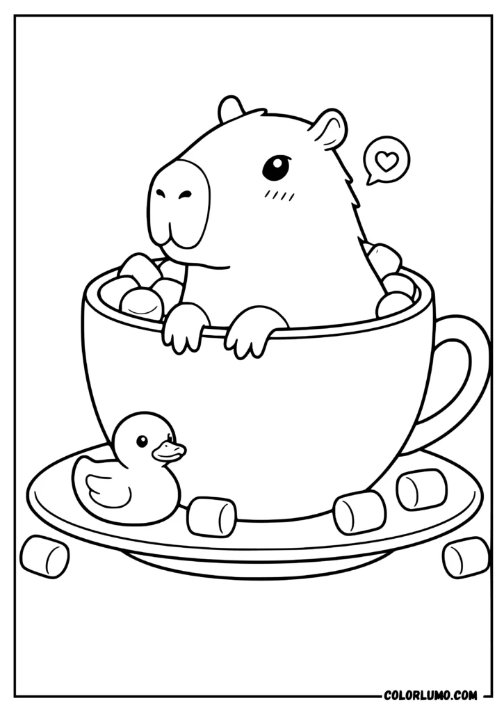 Cute capybara coloring page featuring a capybara sitting in a teacup with marshmallows, a duck, and scattered marshmallows on a saucer
