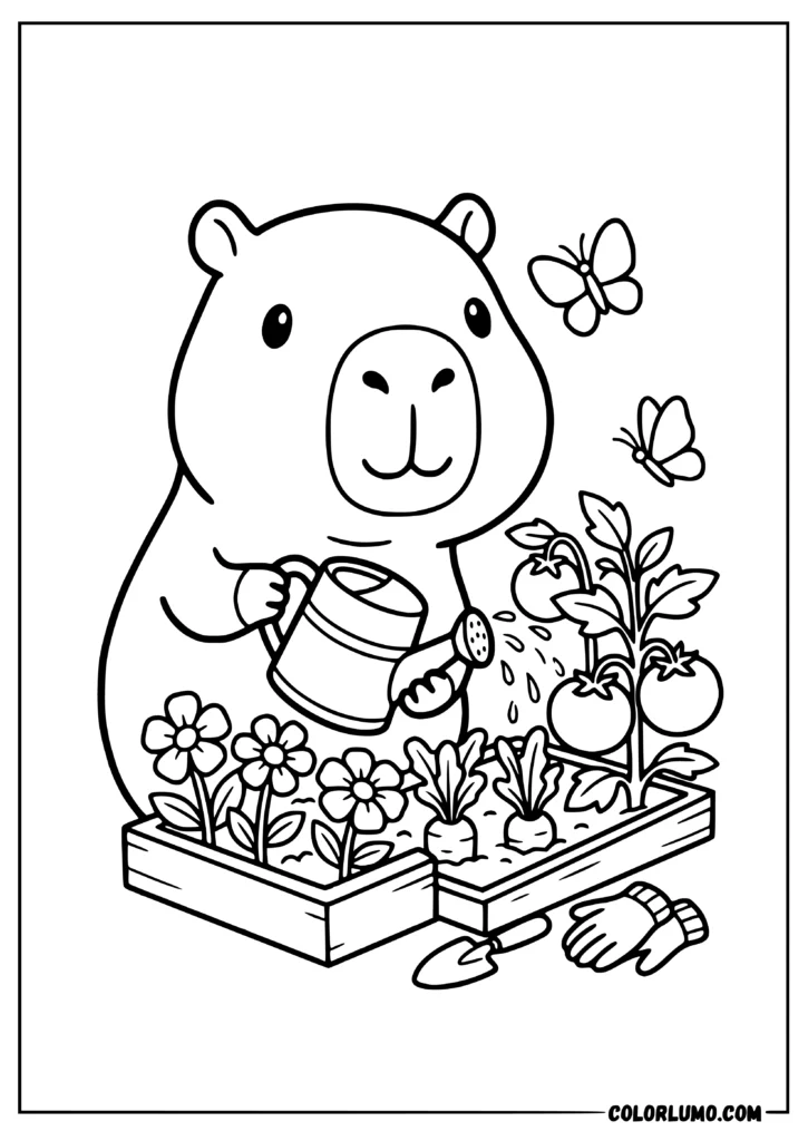 Cute capybara coloring pages with watering a flower and vegetable garden, with butterflies, carrots, tomatoes