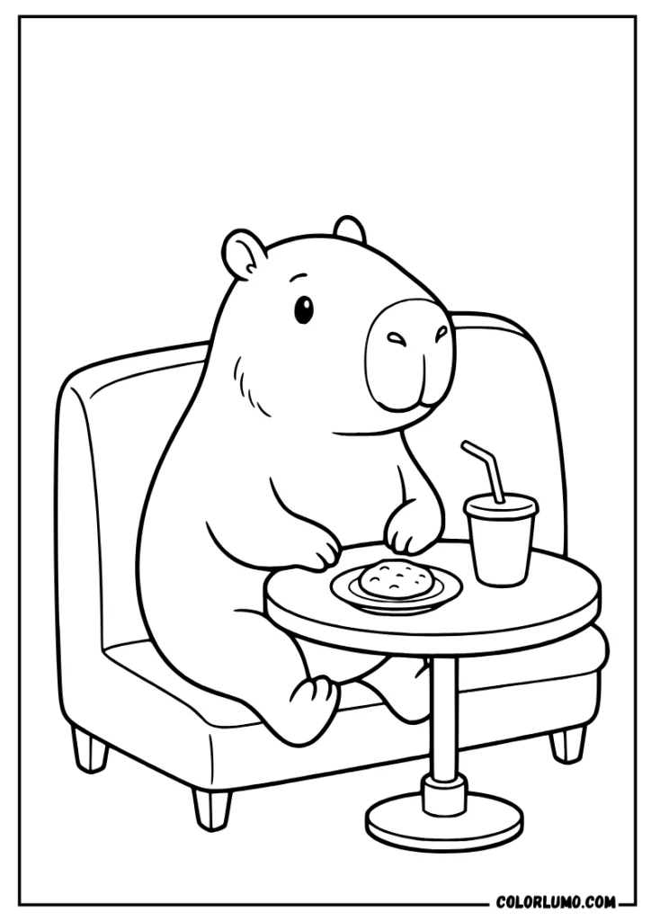 Cute capybara coloring sheet sitting on a chair, enjoying a snack and a drink