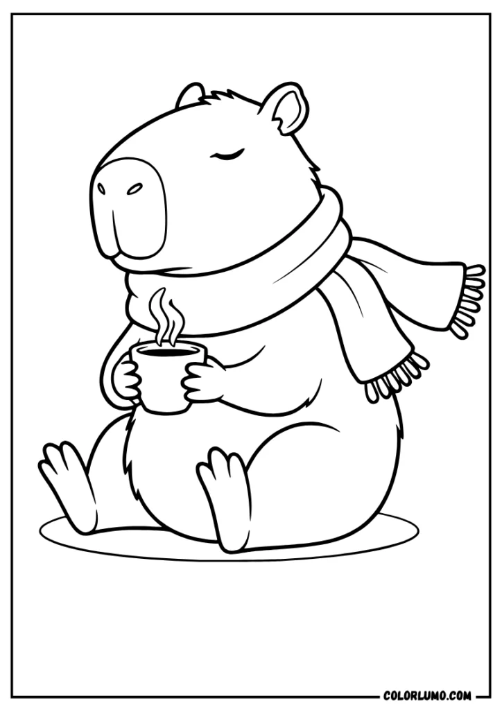 Cute capybara holding a warm teacup while wearing a cozy scarf coloring pages