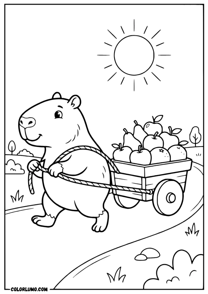 Cute capybara pulling a fruit cart coloring page, with apples and pears on a countryside road