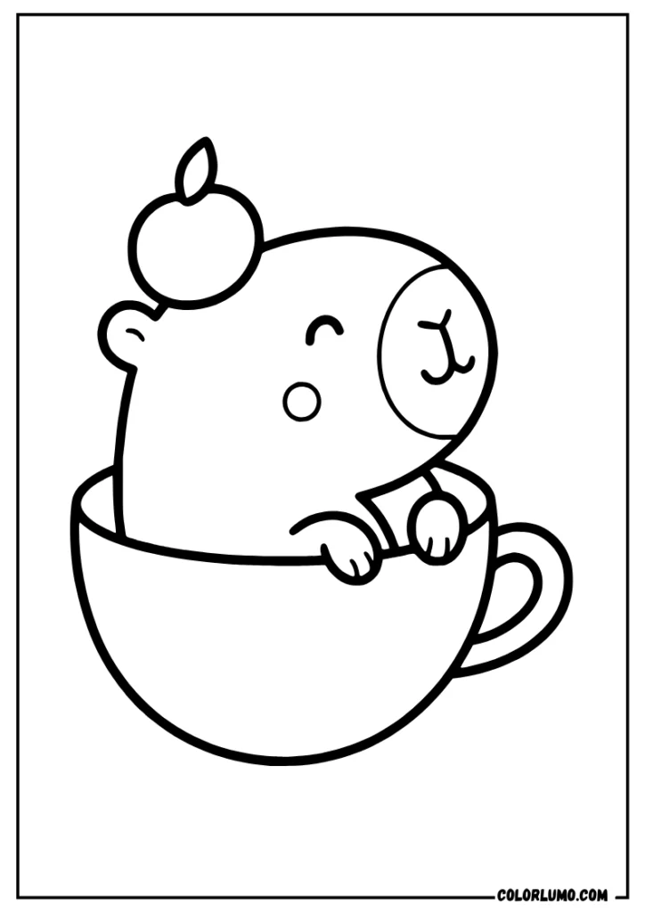 Cute capybara sitting inside a teacup with a cherry on top of its head coloring page