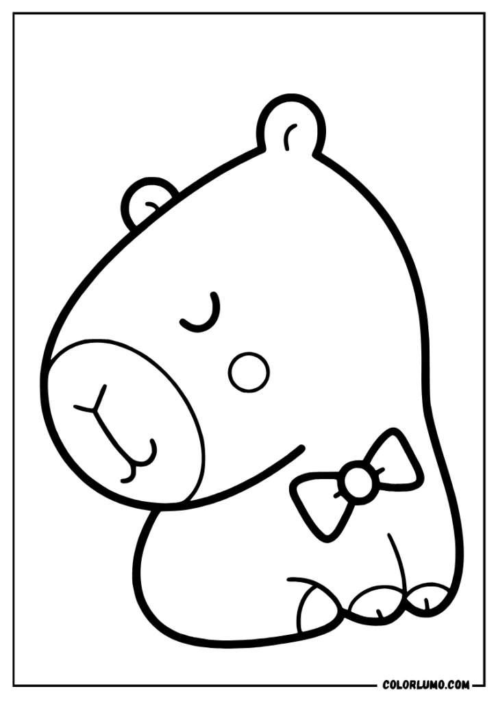 Cute kawaii capybara sitting and wearing a bow tie coloring page