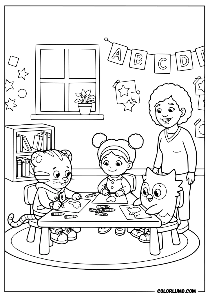 Daniel Tiger, Miss Elaina, and O the Owl coloring at a classroom table with their teacher in a fun school scene