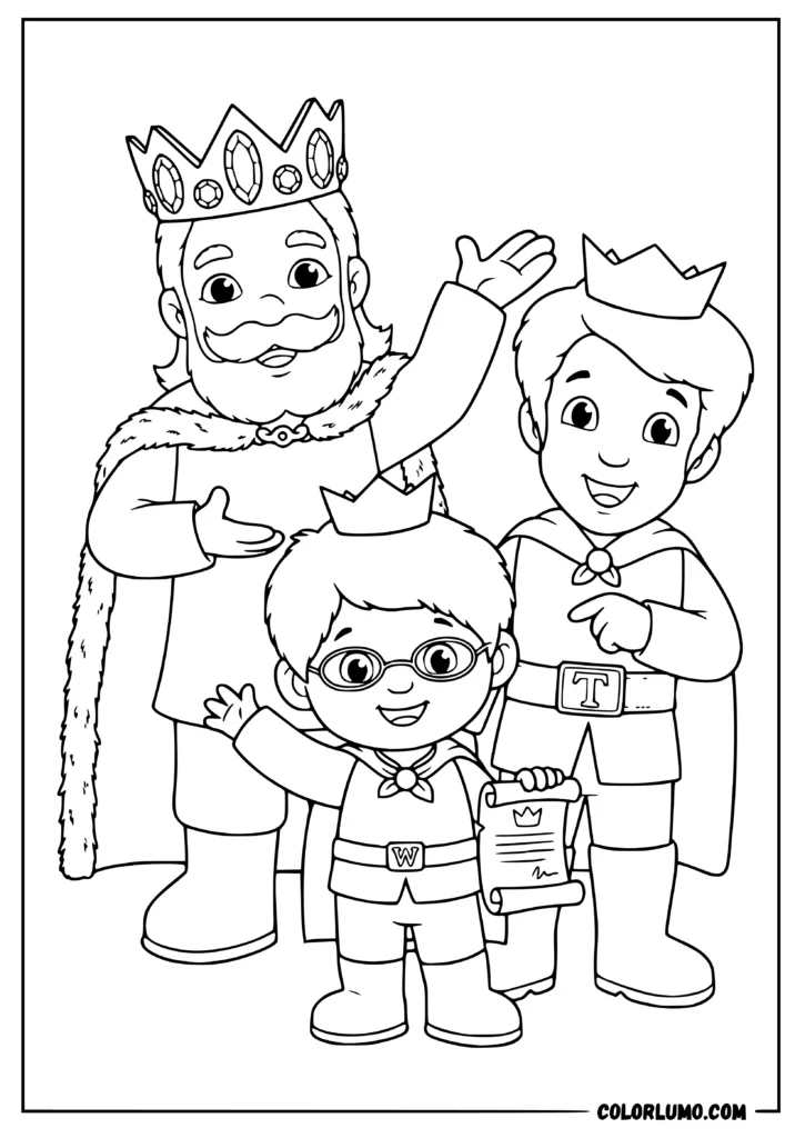 Daniel Tiger Neighborhood coloring page featuring Prince Wednesday standing with his dad and grandfather