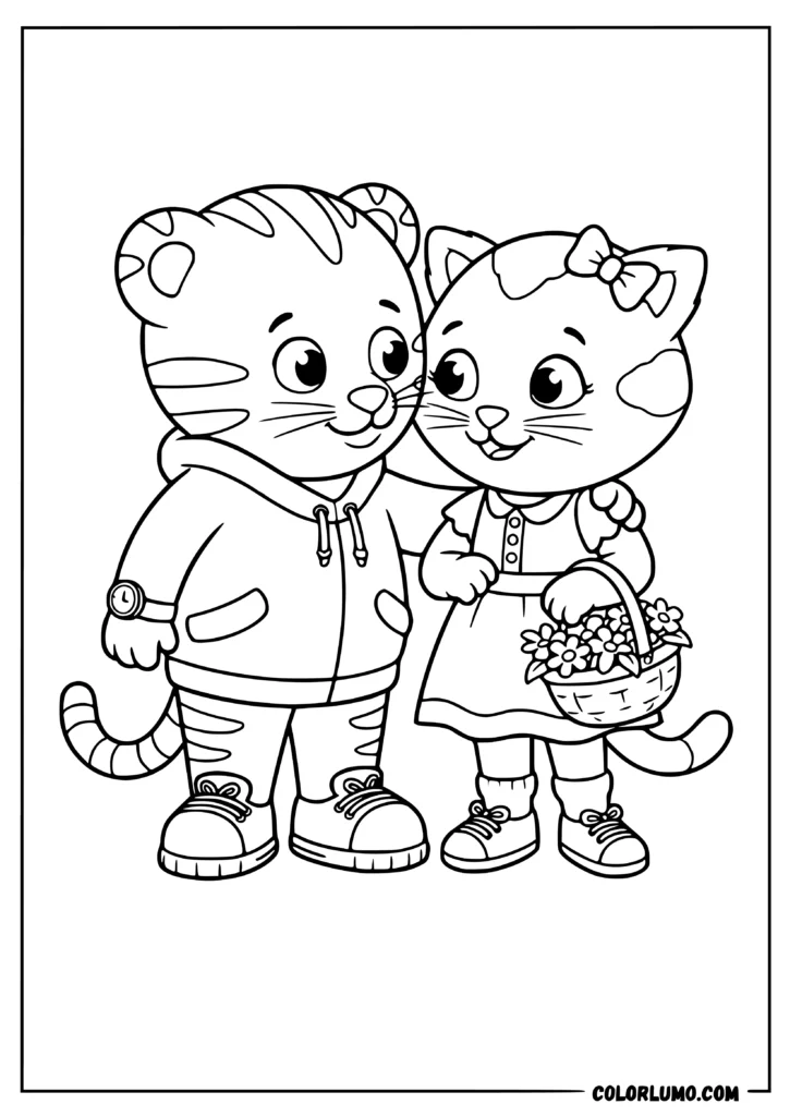 Daniel Tiger Neighborhood coloring pages featuring Daniel Tiger and Katerina Kittycat standing together and smiling