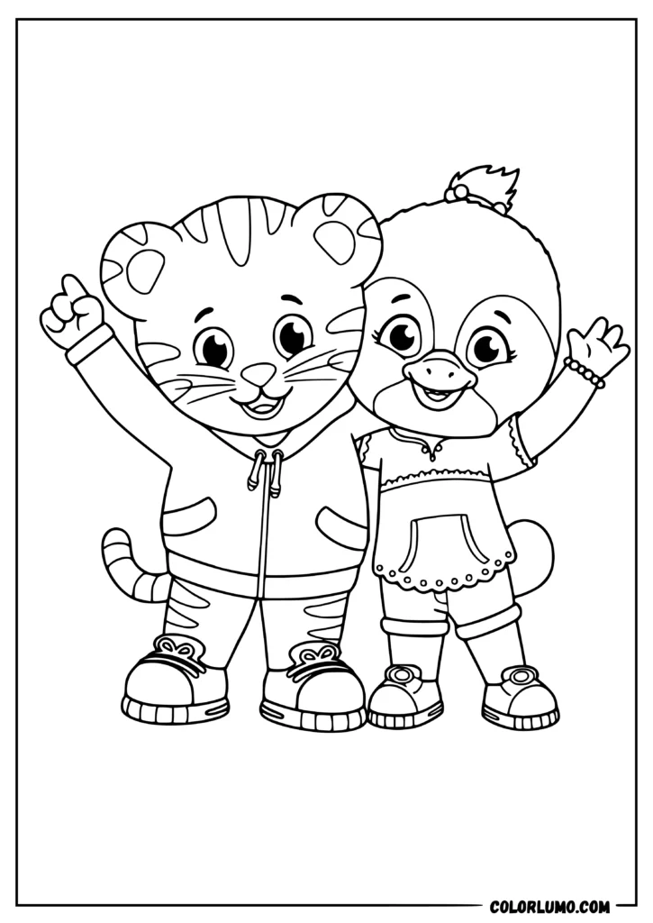 Daniel Tiger and Jodi Platypus standing side by side with their arms raised