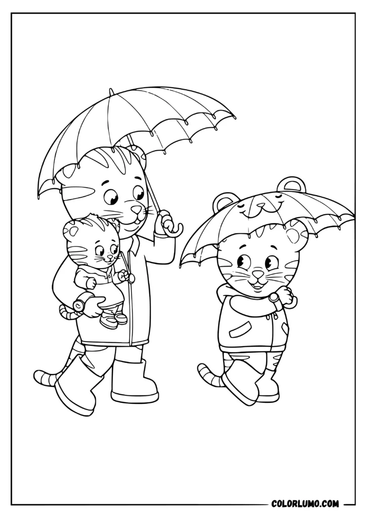 Daniel Tiger coloring page featuring Daniel Tiger, his dad, and baby sister Margaret walking together under umbrellas on a rainy day