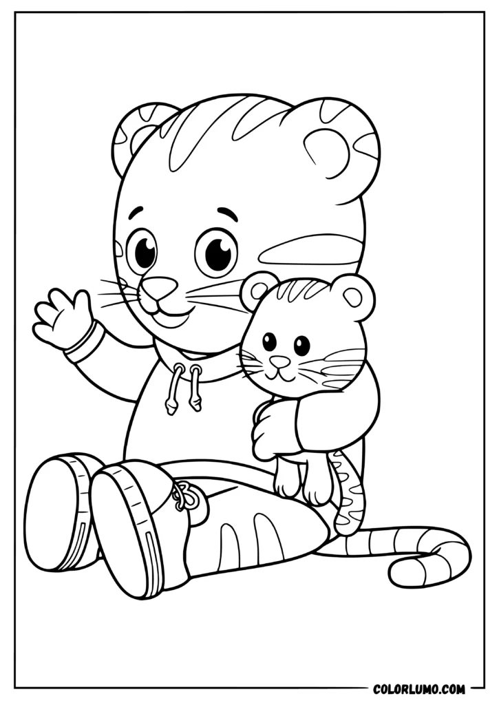 Daniel Tiger coloring page featuring Daniel Tiger holding Tigey in his hand
