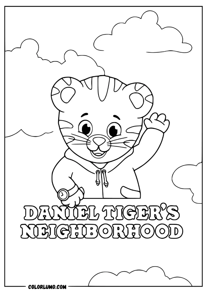 Daniel Tiger coloring page featuring Daniel Tiger smiling and waving