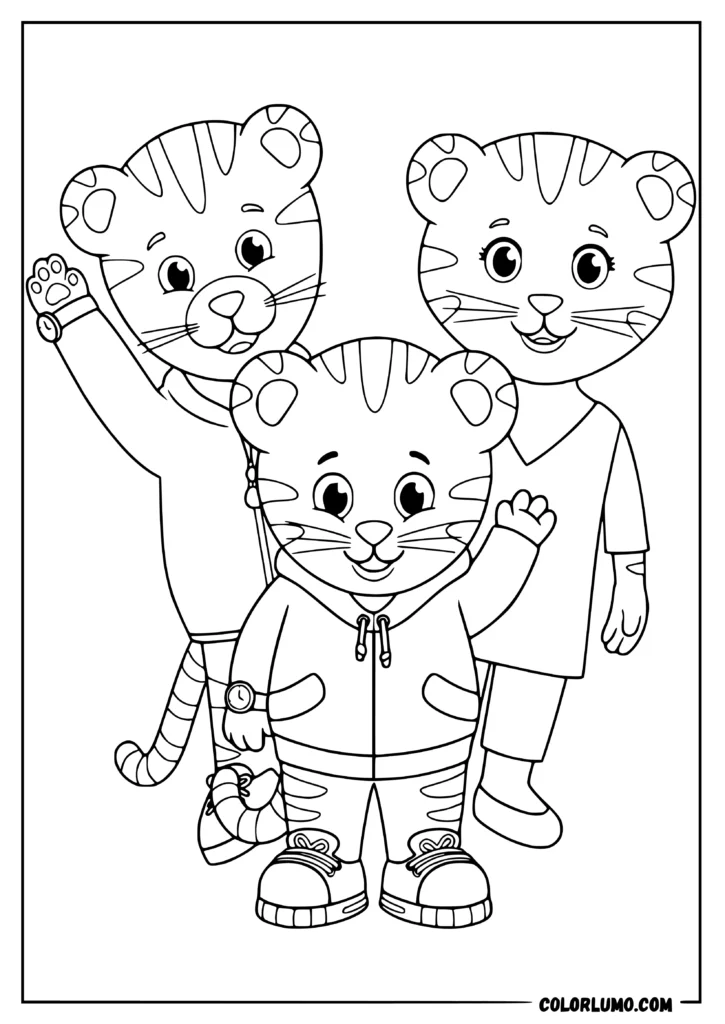 Daniel Tiger coloring page featuring Daniel Tiger standing with his Mom Tiger and Dad Tiger
