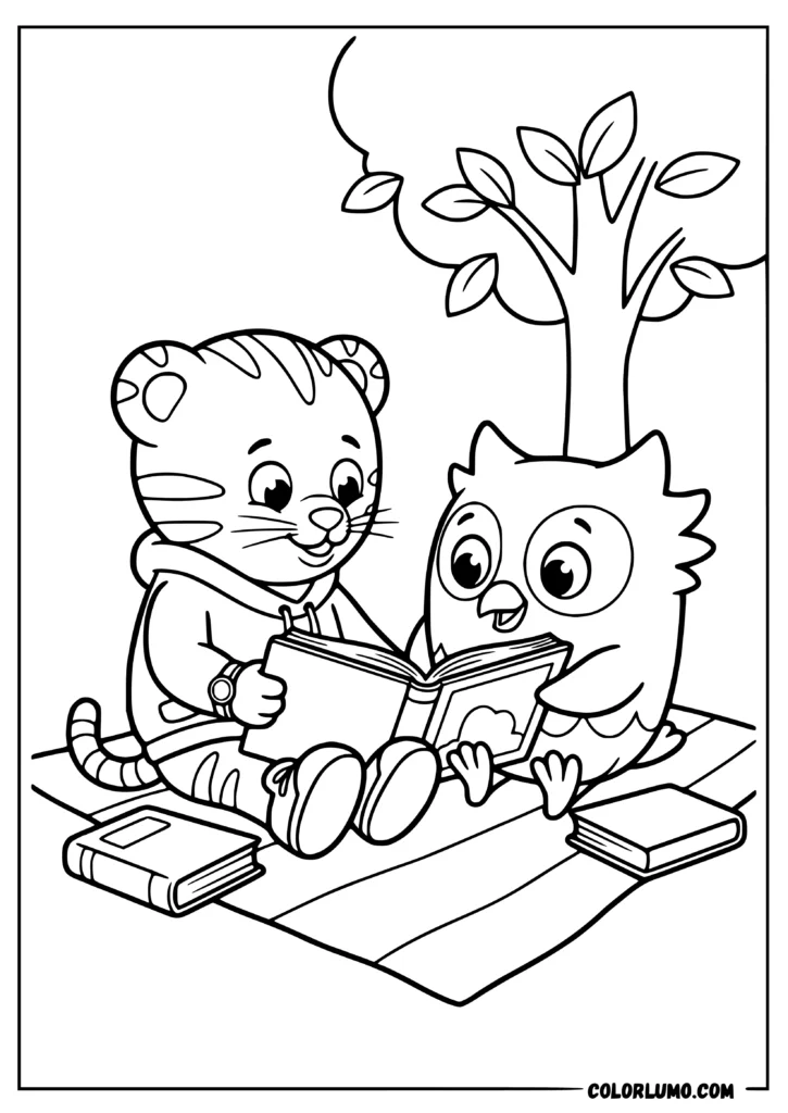 Daniel Tiger coloring page featuring daniel tiger and O the Owl sitting and reading a book