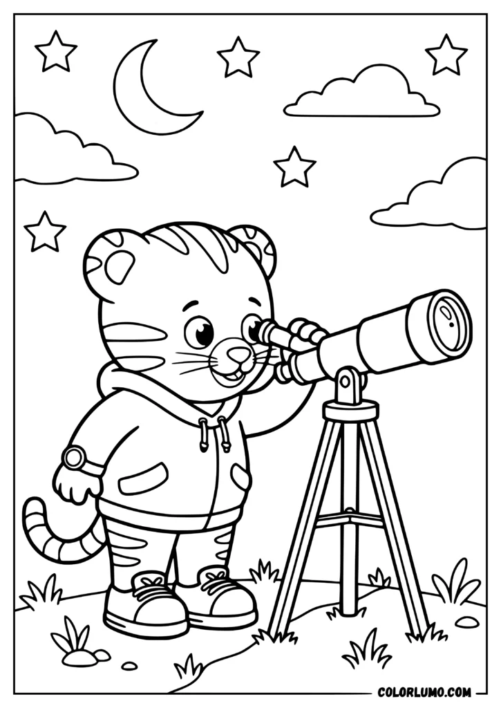 Daniel Tiger coloring page showing Daniel Tiger outside at night looking through a small telescope
