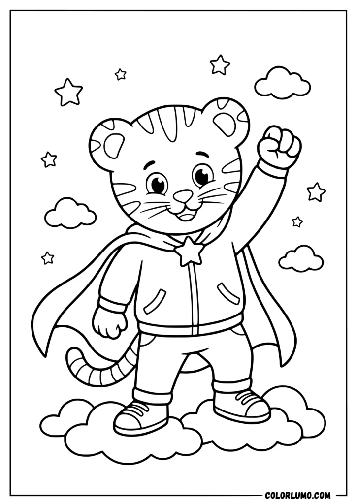 Daniel Tiger coloring pages featuring Daniel Tiger wearing a superhero costume