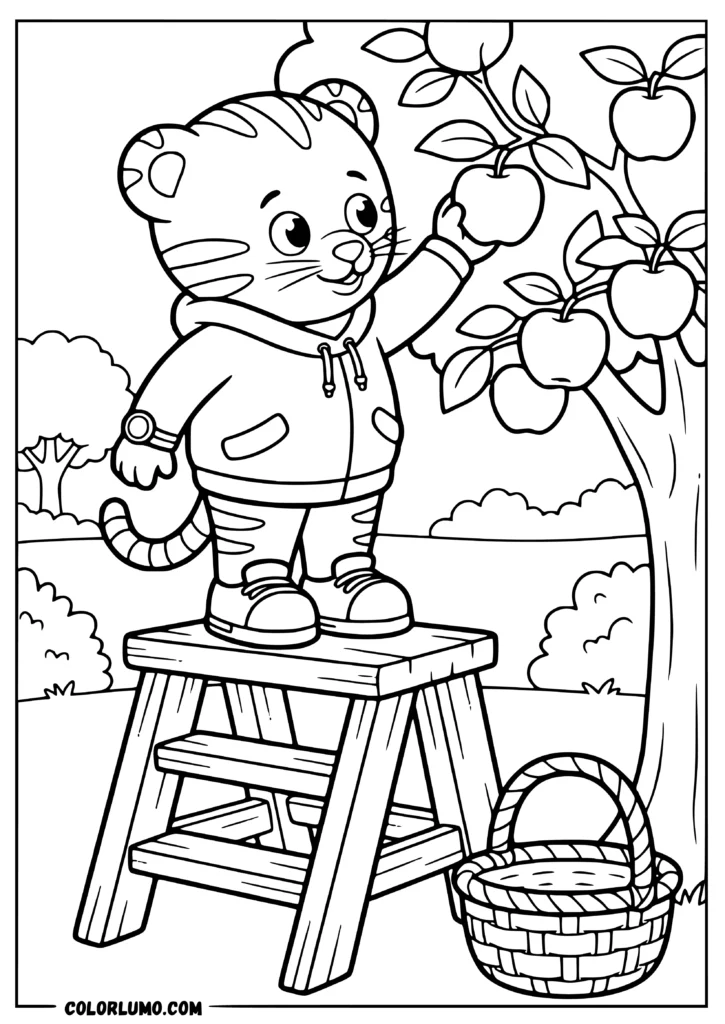 Daniel Tiger coloring sheet featuring Daniel Tiger standing on a wooden stool and plucking an apple from a tree