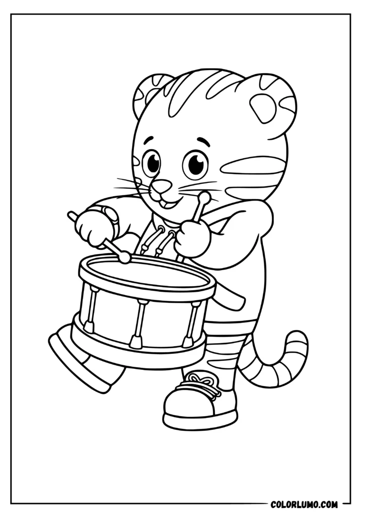 Daniel Tiger neighborhood coloring pages featuring Daniel Tiger playing a marching drum