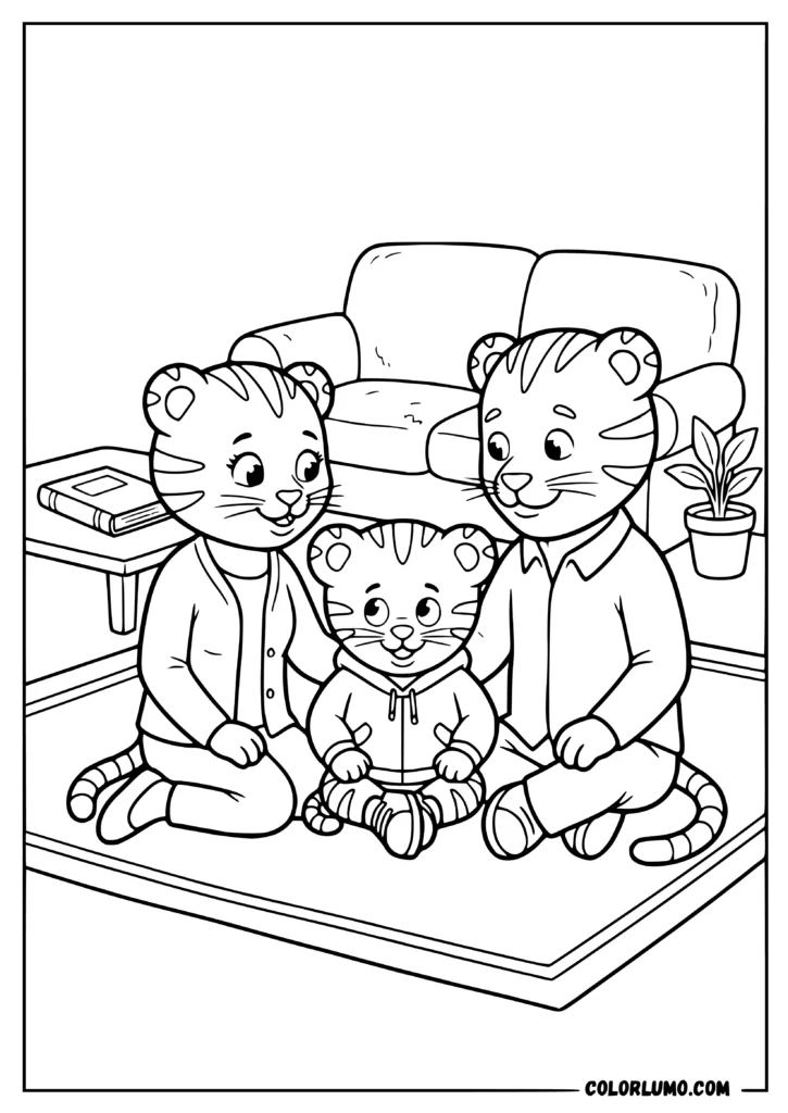 Daniel Tiger sitting happily between his Mom Tiger and Dad coloring pages