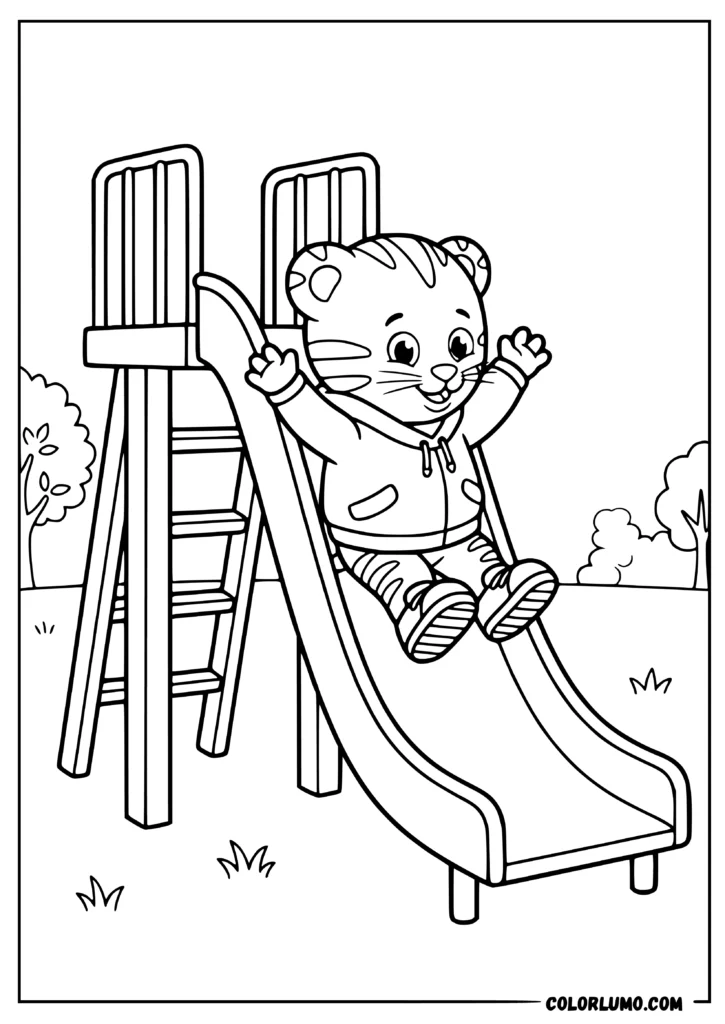 Daniel Tiger smiling and sliding down a playground slide with his arms slightly raised