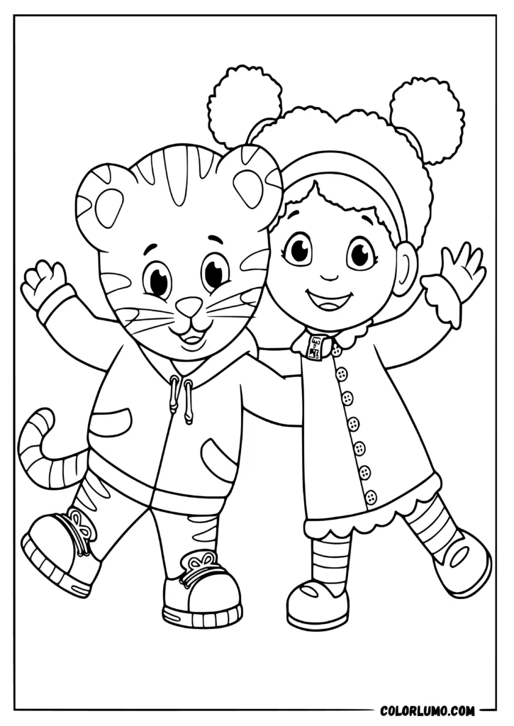 Daniel Tiger’s Neighborhood coloring page featuring Daniel Tiger and Miss Elaina standing together and happily waving