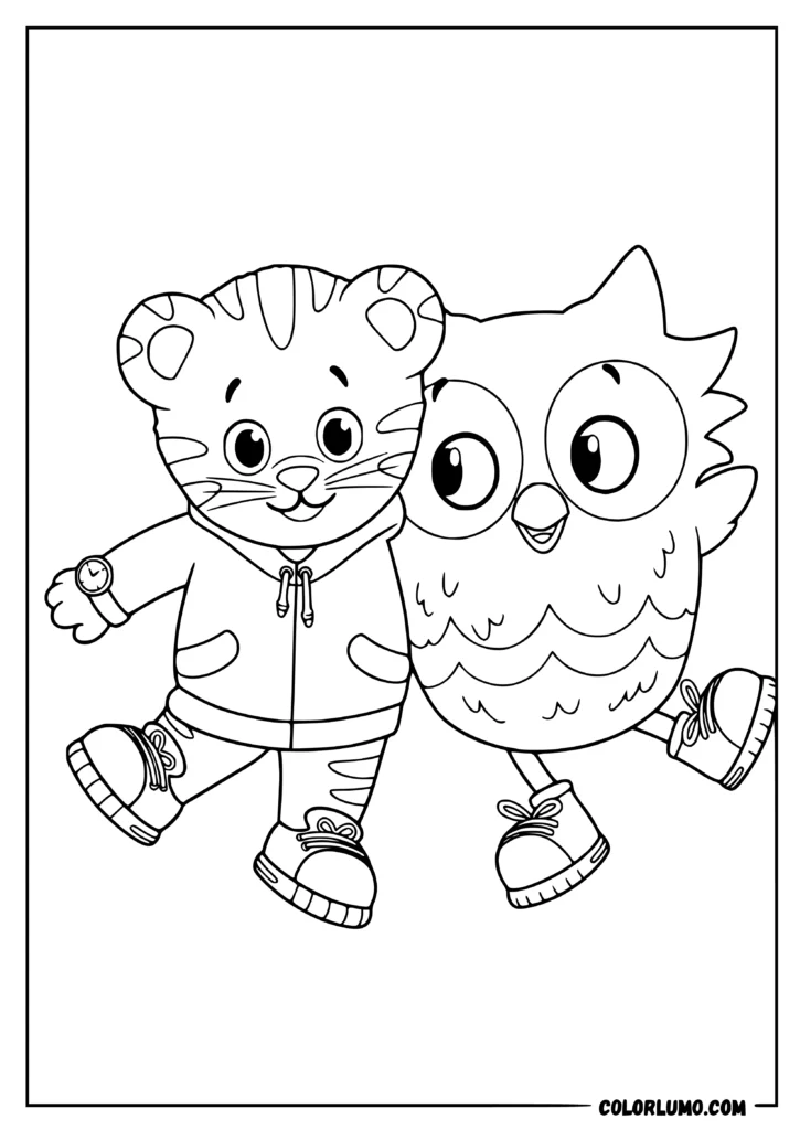 Daniel Tiger’s Neighborhood coloring page featuring Daniel Tiger and O the Owl standing arm-in-arm and smiling