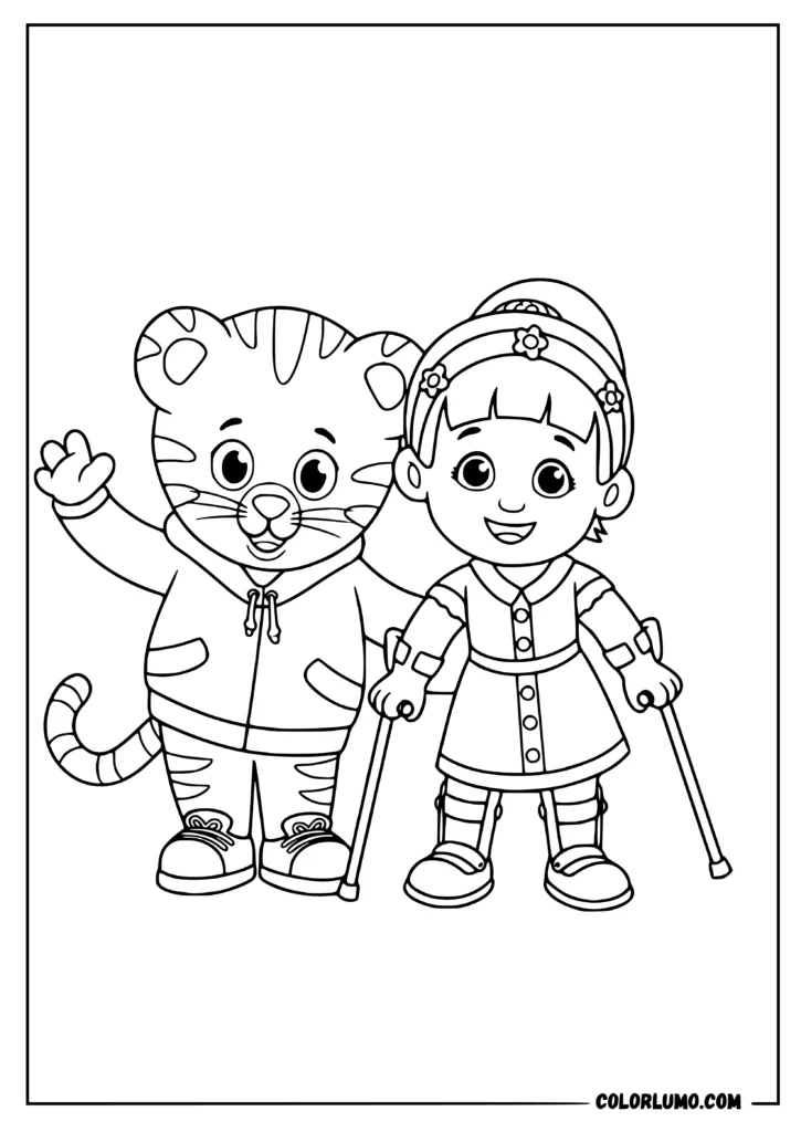 Daniel Tiger’s Neighborhood coloring page featuring Daniel Tiger waving next to Chrissie