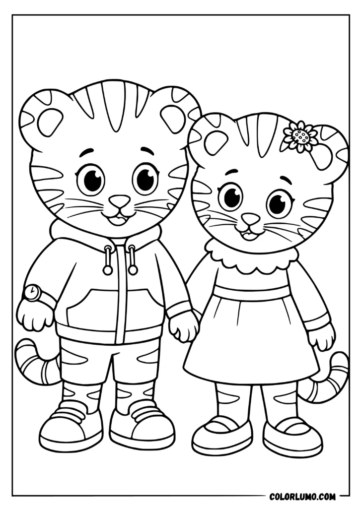 Daniel Tiger’s Neighborhood coloring pages showing Daniel tiger holding his sister Margaret Tiger hand