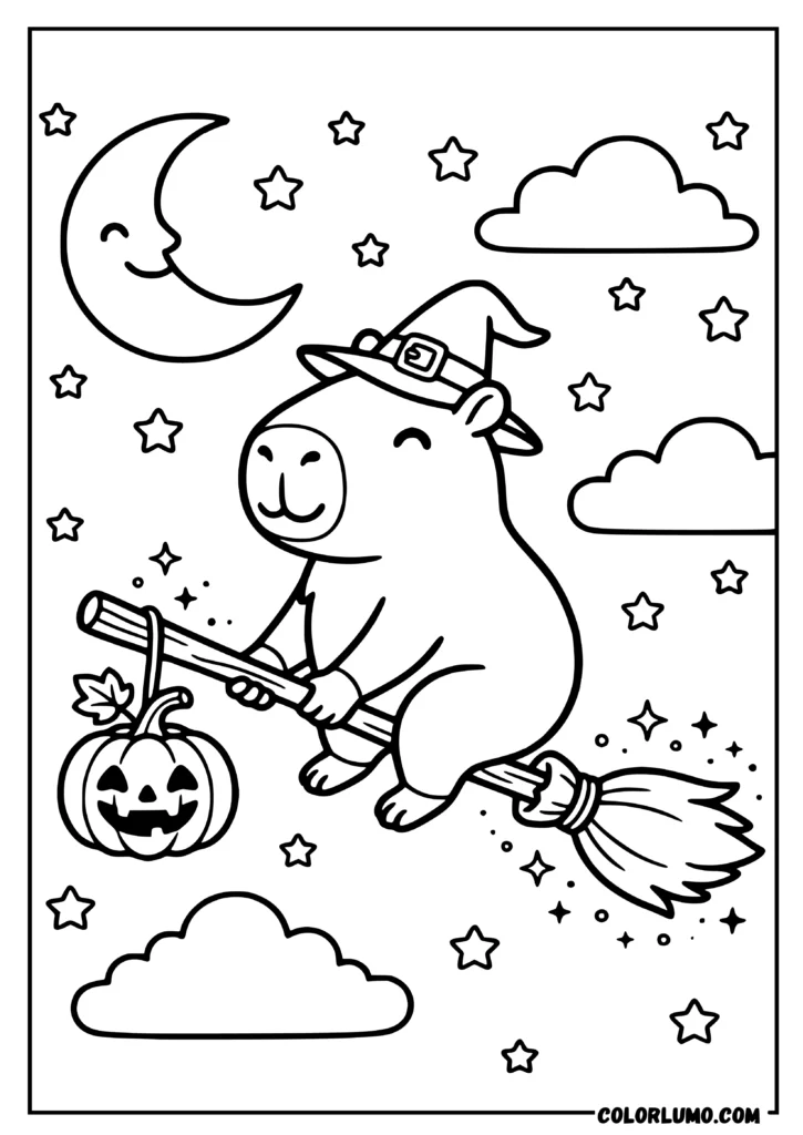 Halloween capybara coloring pages riding a magical broomstick through the Halloween night sky