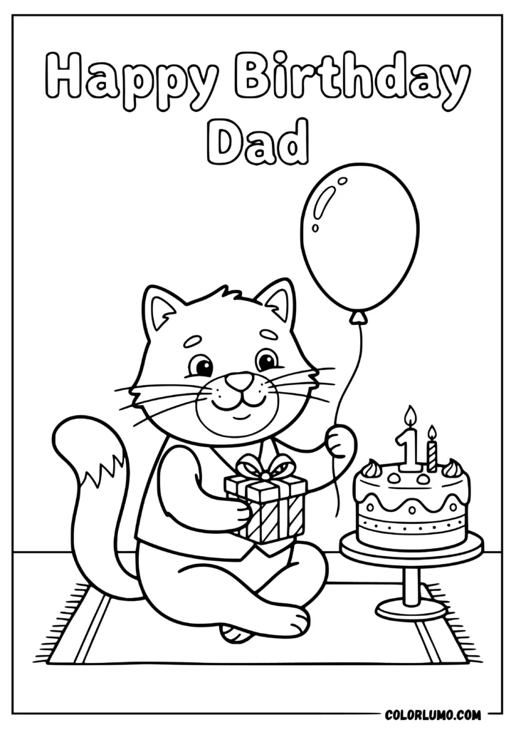 Happy Birthday Dad coloring page featuring a cute father cat holding a birthday gift