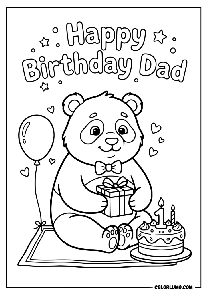 Happy Birthday Dad coloring page featuring a father panda with a gift and birthday cake