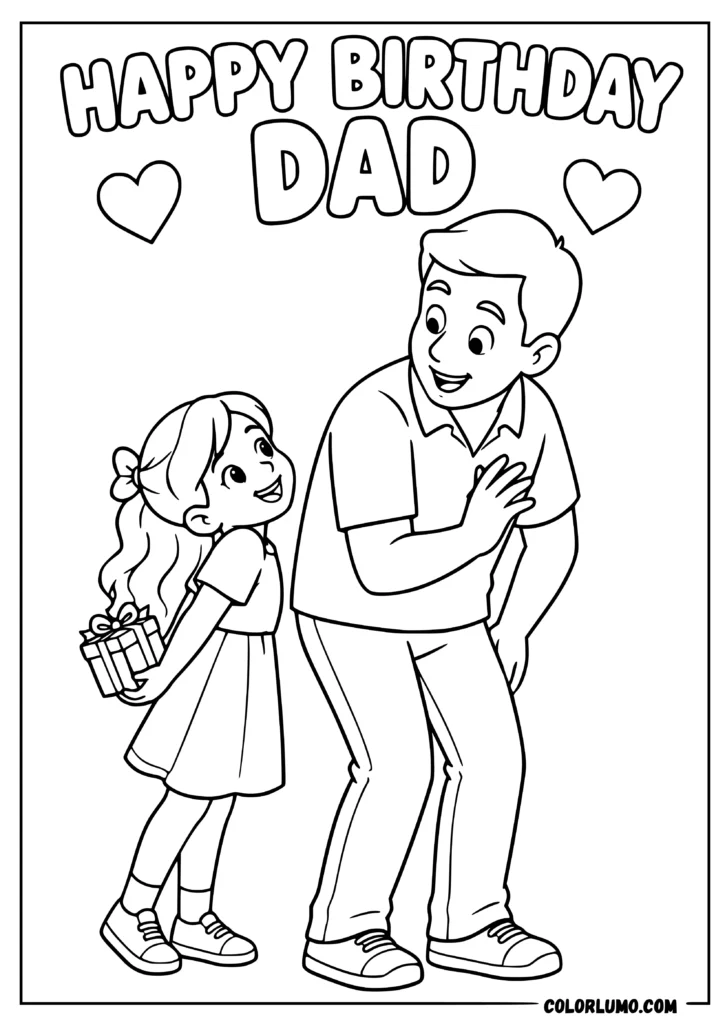 Happy Birthday Dad coloring page of daughter surprising Dad with a gift