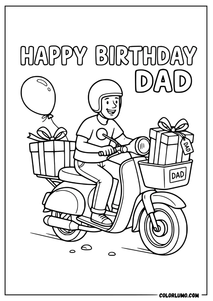 Happy Birthday Dad coloring page with dad riding a scooter carrying a birthday gift