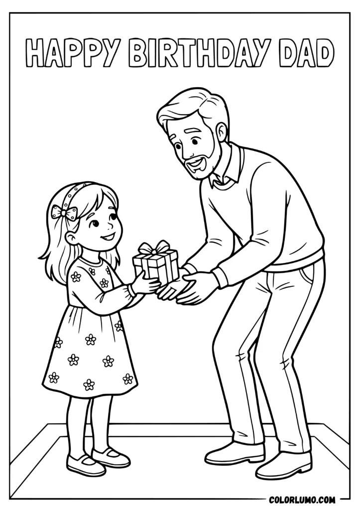 Happy Birthday Dad coloring pages with a child giving dad a birthday gift