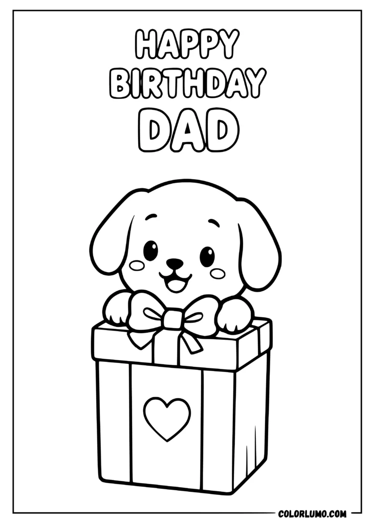 Happy Birthday Dad coloring pages with a cute puppy sitting behind a large birthday gift